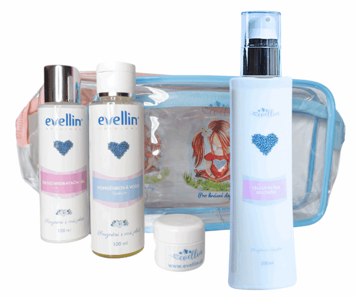 Speciální nabídka - Cestovní balení Evellin - Pomněnková voda + Čistící gel+ etuje+ Tělové mléko